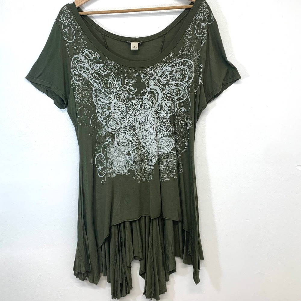 Yves Olive Green Beaded Graphic High Low Tunic Top Boho Large Y2K Made USA